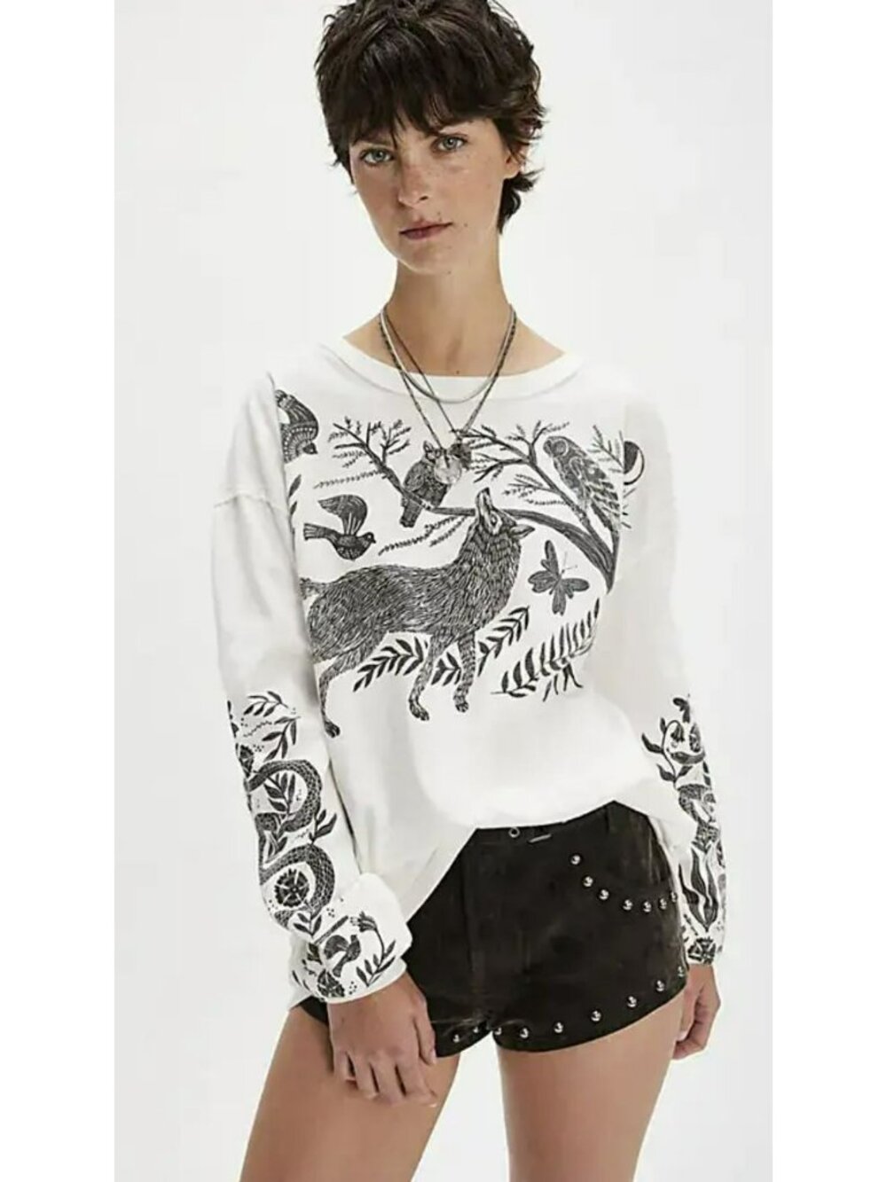 Free People White Long Sleeve Graphic Tee with Black Nature Print
